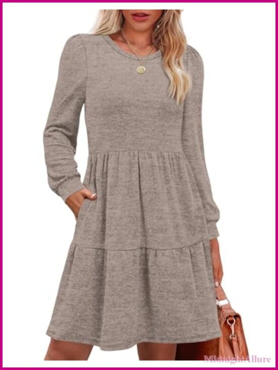 Dresses & Skirts - Long Sleeve Crew Neck Babydoll Dress with Pockets Tiered Skirt